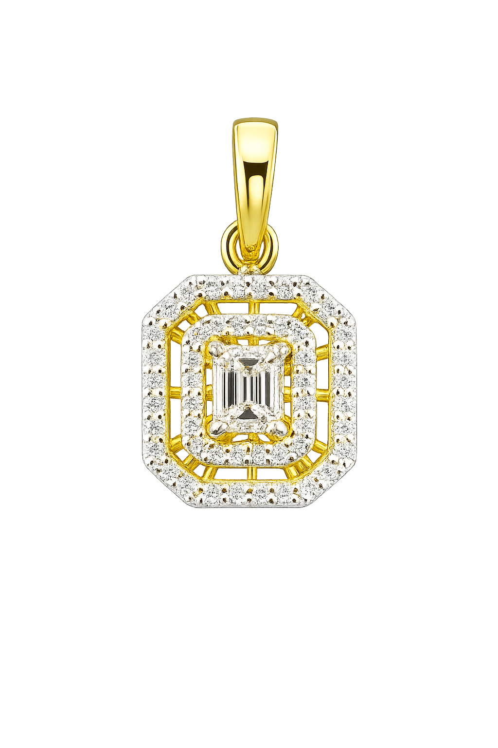 Elegant Emerald Cut & Round Diamond Pendant in 18K Yellow Gold
