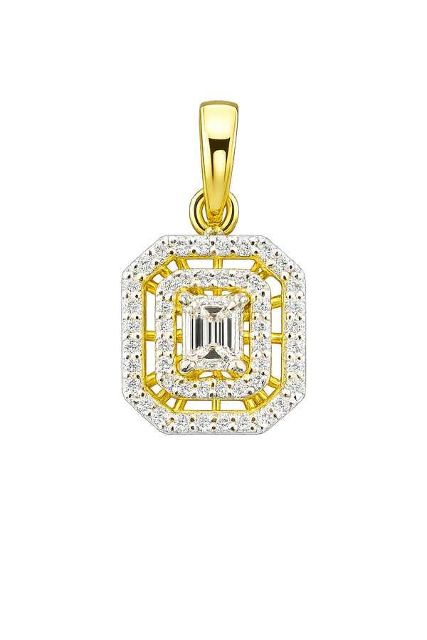 Elegant Emerald Cut & Round Diamond Pendant in 18K Yellow Gold